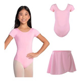 Collant Meia Manga + Saia Balé Ballet Infantil Rosa/preto