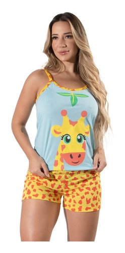 Pijama Baby Doll Estampa Girafa Adulto Verão