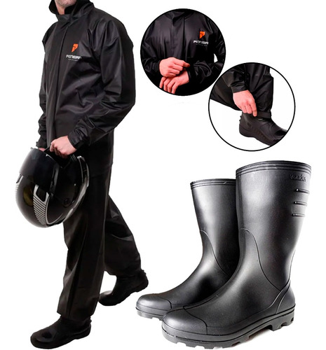 Capa Roupa Chuva Preta Moto Motoqueiro Gola + Bota Galocha