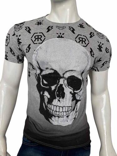 Playera Calavera Pedrería Hombre Slim Fit Tipo Phillip Plein