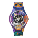 Reloj Swatch Sxy - All Bones And Flowers Subk159b Color De La Correa Púrpura Color Del Bisel Transparente Color Del Fondo Transparente
