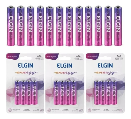 12 Pilhas Recarregável Aaa 1000mah 3 Cartela C/ 4 Unid Elgin