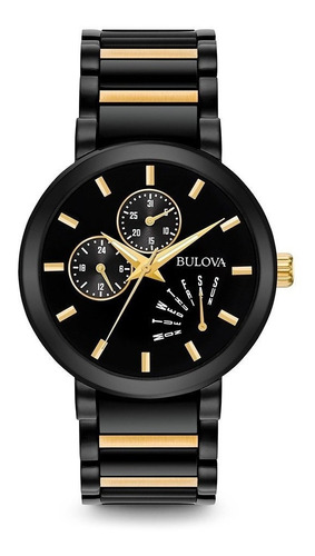 Reloj Bulova Classic Original Para Hombre 98c124 Time Square Correa Negro Con Dorado Bisel Negro Fondo Negro