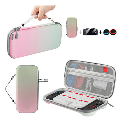 Estuche Rígido Para Nintendo Switch 2 Funda De Transporte Duro Y Portátil, Eva, Guarda 10 Cartuchos, Mica Templada Y Cubre Joysticks, Colores Degradados - Rosa-verde