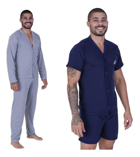 Kit Com 2 Pijamas Botões Abertos-pós Cirurgico Masculino