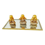 Conjunto C 3 Mini Budas Monges Sábios+ Bandeja Espelhada 