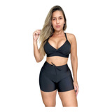 Conjunto Fitness Short Cós Alto Com Top Preto 