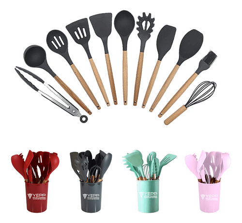 Conjunto Utensílios Cozinha Silicone Cabo Madeira Premium