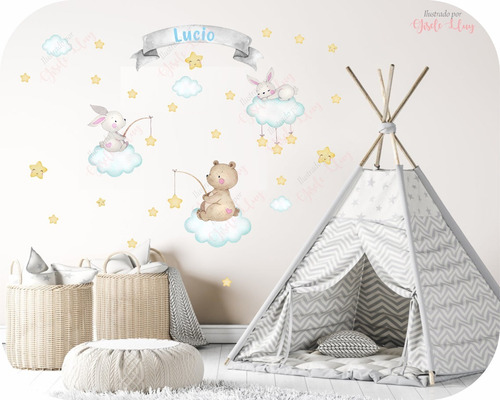 Vinilo Decorativo Infantil Animales Atrapando Estrellas Nene