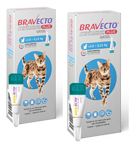 Kit C/ 02 Bravecto Plus Gatos 2,8-6,25kg 1 Pipeta - Msd