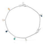 Pulsera/tobillera Mini Color De Plata 925 Con Gemas Y Perla