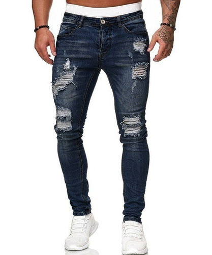 Pantalones Mezclilla Strech De Jean De Agujero Para Hombre