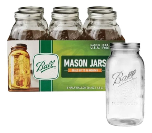 Frasco De Vidrio Mason Jar Ball Boca Ancha 64oz (caja Con 6)