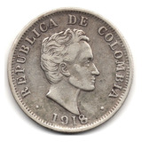 50 Centavos 1918 Medellín Plata Cabellos Finos