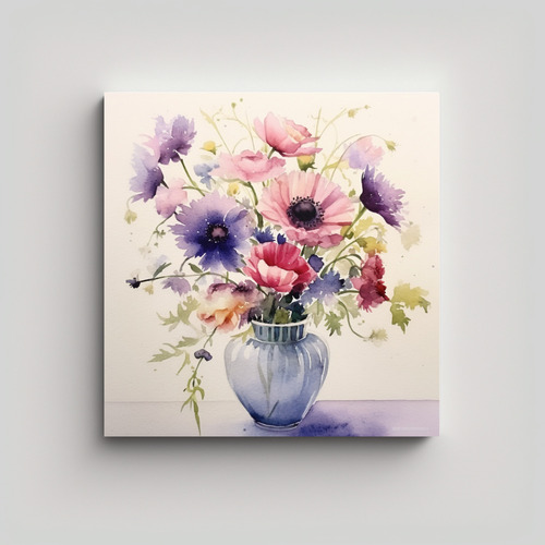 Cuadro De Flores En Jarrón - Pintura Acuarela Rosada 40x40c