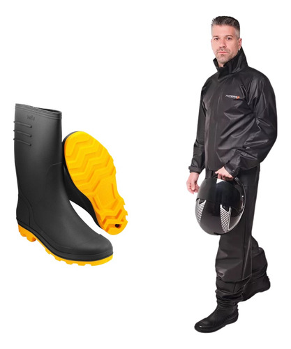 Capa De Chuva Pioneira C/ Bolso + Bota Borracha Impermeável