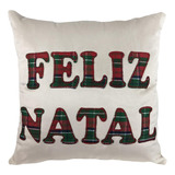 Almofada De Veludo Bege Com Bordado Feliz Natal 45x45cm