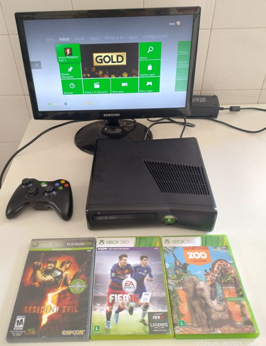Xbox 360 Slim 4gb Bloqueado Todo Original+3 Jogos Originais 