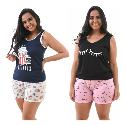 Kit 2 Pijama Baby Doll Feminino Adulto Camiseta Verão Oferta