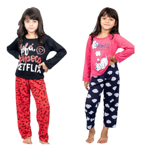 Kit 2 Pijamas Longos Infantil Meninas Inverno Estampado