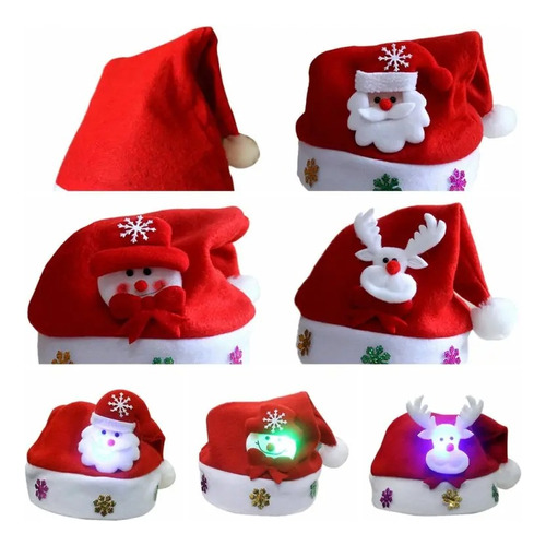 12 Gorros Santa Claus Navideño Luz Led Rojo Navidad Posada