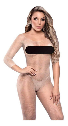 Macacão Arrastão Sexy Nude Strass Meia Corpo Sensual Sedutor