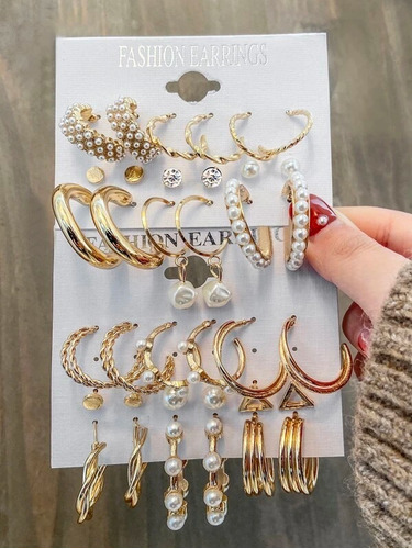 Pack De 18 Pares De Aros Aretes Argollas Dorados Y Perlas