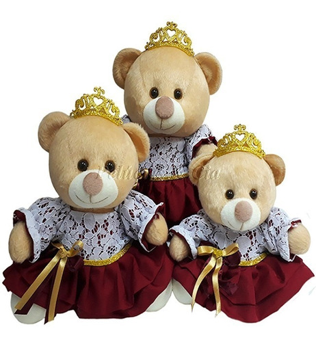 Ursa Princesa Com Vestido Marsala De Pelúcia Trio Para Nicho 15 18 22cm Quarto De Bebê Menina