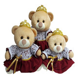 Ursa Princesa Com Vestido Marsala De Pelúcia Trio Para Nicho 15 18 22cm Quarto De Bebê Menina