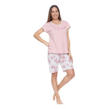 Pijama Remera Manga Corta Y Bermuda Floreada - 100% Algodón