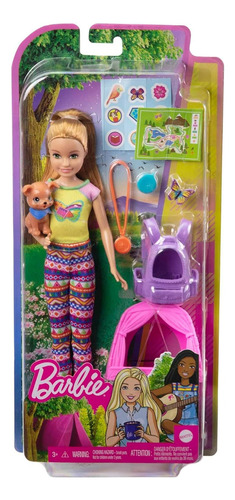 Barbie Set Camping Muñeca Stacie + Perrito Carpa Maleta Mapa