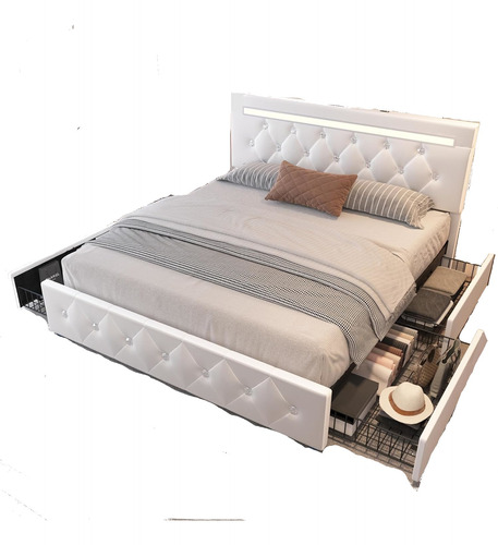 Base De Cama Queen; Cabecera Led Y Cajones; Blanco; Benevika