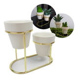 Conjunto Mini Vasos Cerâmica C/ Suporte Dourado Decorativo