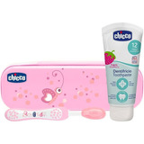 Set Cuidado Dental Chicco Cepillo Pasta Sin Fluor Con Estuch Set Rosa Mariposa