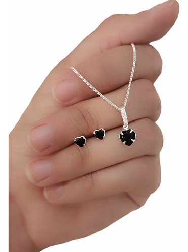 Conjunto Cadena Italiana Dije Corazón Negro Y Aros Plata 925