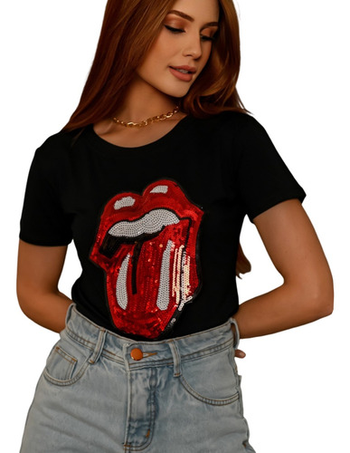 Blusa Tshirt Luxo Língua Blusinha Camiseta Estampada Paetê 