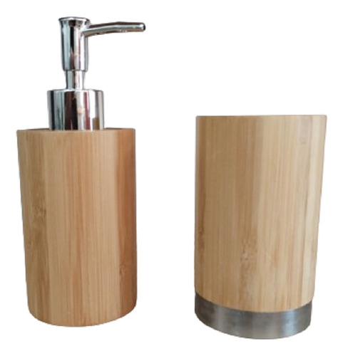 Accesorio Baño Dispenser Jabón Líquido  Bambu  Y Vaso  Cepillo