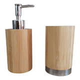 Accesorio Baño Dispenser Jabón Líquido  Bambu  Y Vaso  Cepillo