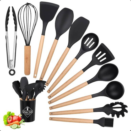 Kit 12 Utensílios De Cozinha Em Silicone E Cabo De Madeira