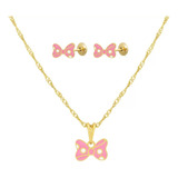 Conjunto Lacinho Rosa Semijoia Infantil Banho Ouro 18k