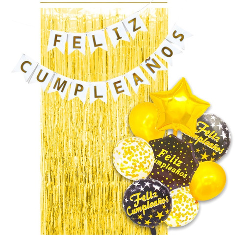 Set 8 Globos + Cortina + Banderines Para Decorar Cumpleaños