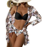 Conjunto Saída De Praia Quimono Feminino + Biquíni Florido