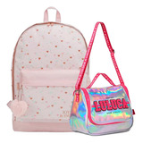 Kit Mochila Coração Rosa + Lancheira Luluca Menina 