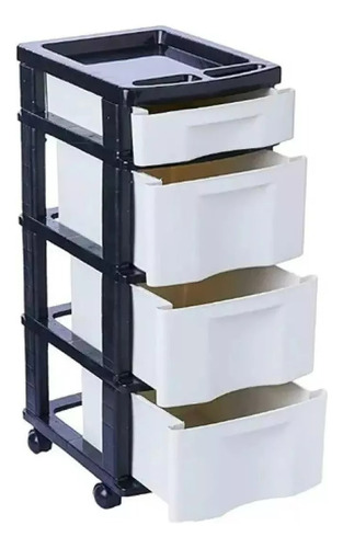 Gaveteiro Organizador Multiuso Grande 4 Gavetas Com Rodas Cor Branco Com Preto