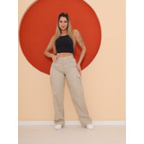 Calça Wide Leg Feminina Bolso Cargo Elegante Blogueira