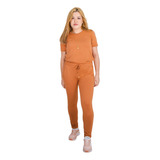 Conjunto Feminino Moletinho Blusa Curta E Calça Terracota