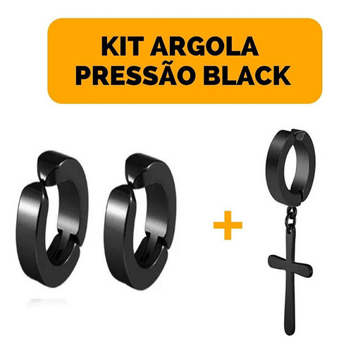 Kit Brinco Argola Pressão Preto Cruz Magnético Ímã Aço Inox