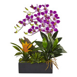Arreglo De Seda De Orquídea Dendrobium Y Bromelia Casi Natur
