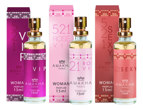 Kit 3 Perfumes Amakha Paris - 521 Rose Vip 521 Sexy 521 Vip