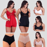 Kit Amamentação 2 Babydoll + 2 Calcinha Pós Parto + 3 Sutiã